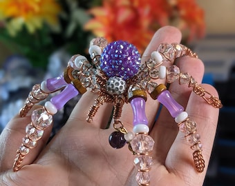 Beaded Spider Sculpture - "Dazzleberry " - One‑of‑a‑Kind Collectible Oddity, Handmade Familiar, Modern Folk art.