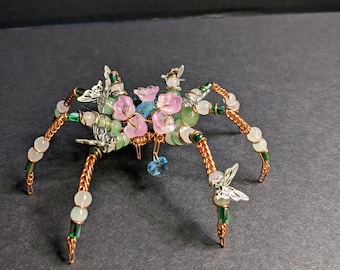 Beaded copper spider Sculpture - ""FlowerFace""  | One‑of‑a‑Kind Collectible Oddity, Handmade Familiar, Modern Curiosity Decor