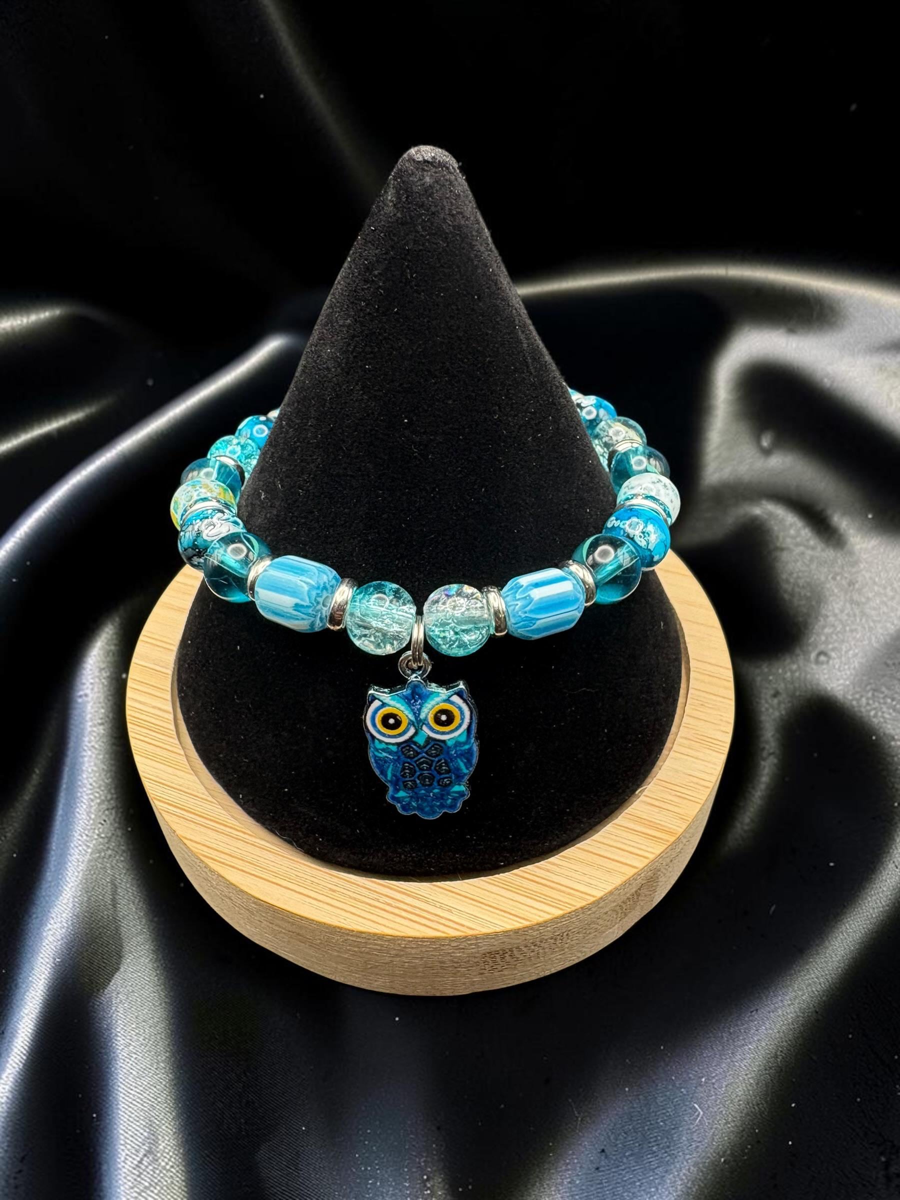 Blue Owl Charm Bracelet | Turquoise Glass Beaded Bracelet | Handmade Owl Jewelry | Owl Lover Gift