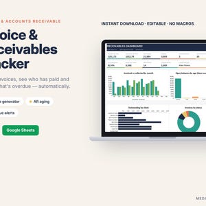Può includere: Un modello digitale per il monitoraggio di fatture e crediti visualizzato sullo schermo di un portatile. La dashboard presenta visualizzazioni di dati tra cui grafici a barre, un grafico a torta e metriche chiave per la fatturazione e gli avvisi.