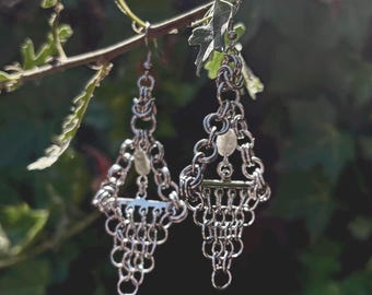 Labradorite Chainmaille Earrings | Medieval Fashion | Fantasy Wedding | Goth Bride