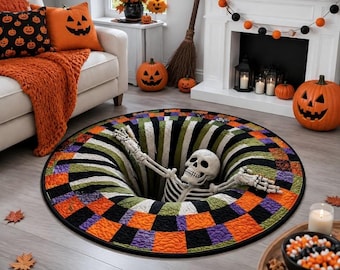 Runder Teppich mit 3D-Skelett-Optik, Halloween-Fußmatte, gruseliger Kürbisloch-Teppich, unheimlicher bodenloser Abgrund, Heimdekoration, Halloween-Party-Teppich