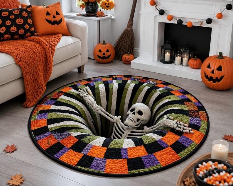 3D Skeleton Optical Illusion Round Rug Halloween Floor Mat Spooky ...