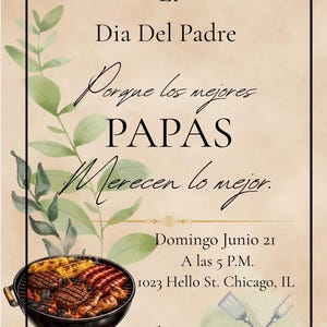 May include: A Father's Day invitation card featuring a black charcoal grill with cooked meat and corn, green eucalyptus leaves, and crossed metal grilling tools. The text reads: Acompáñenos a Celebrar El Dia Del Padre Porque los mejores PAPAS Merecen lo mejor.