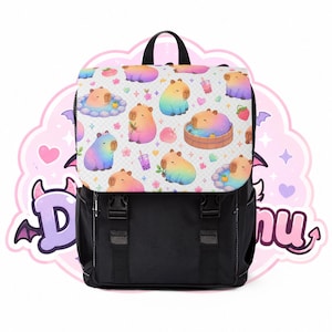 Rainbow Capybara Canvas Backpack | Whimsical Animal Print Shoulder Bag