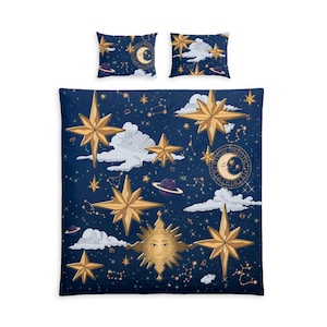 May include: A dark blue bedding set consisting of a duvet cover and two pillowcases featuring a celestial pattern of gold stars, a sun with a face, a crescent moon, planets, white clouds, and various zodiac constellations printed throughout.