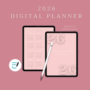 Könnte beinhalten: Ein digitaler Planer für 2026 auf zwei Tablets vor einem altrosa Hintergrund. Ein Bildschirm zeigt einen Jahreskalender, während der andere den Text 2026 DIGITAL PLANNER und einen weißen Eingabestift zeigt, der diagonal auf dem Display liegt.