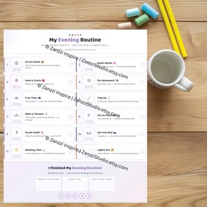 May include: A white paper chart titled My Evening Routine with eleven numbered steps including Arrive Home, Have a Snack, Do Homework, Free Time, Tidy Up, Bath or Shower, Put on Pyjamas, Brush Teeth, Get into Bed, Reading Time, and Lights Out.