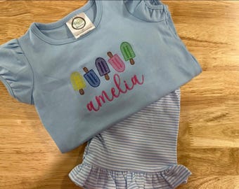 Personalized Embroidered Popsicle Shirt and Ruffle Shorts Summer Set
