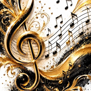 Pode incluir: Uma grande clave de sol em ouro metálico domina o lado esquerdo, rodeada por filigranas douradas e salpicos de tinta preta. Notas musicais e pautas pretas flutuam sobre o fundo branco, acentuadas por esferas douradas e brilhos.