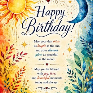 May include: A watercolour birthday card featuring a golden sun on the left and a blue crescent moon on the right. The text reads: Happy Birthday! May your day shine as bright as the sun, and your dreams glow as peaceful as the moon. May you be blessed with joy, love, and beautiful moments today and always.
