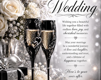 May include: A wedding greeting card featuring two black champagne flutes with gold liquid, white roses, a gift box with a silver bow, and a lit candle. The text reads: Congratulations ON YOUR Wedding, Wishing you a beautiful life together, and more.