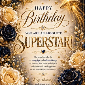 Puede incluir: Una tarjeta de felicitación de cumpleaños rectangular con rosas doradas y azul marino, perlas blancas y estrellas doradas brillantes. El texto dice: Happy Birthday, You are an absolute superstar! May your birthday be as amazing and extraordinary as you are. Keep shining and never stop being you!