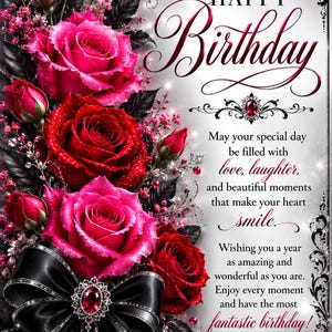 May include: A rectangular birthday greeting card featuring vibrant pink and red roses, dark leaves, and a black satin bow adorned with a central red gemstone. The text reads: Happy Birthday, May your special day be filled with love, laughter, and beautiful moments that make your heart smile. Wishing you a year as amazing and wonderful as you are. Enjoy every moment and have the most fantastic birthday!