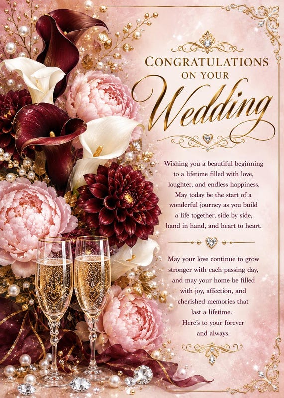 Wedding Congratulations Card, Elegant Digital Wedding Card, Burgundy Blush Gold Floral, Newlywed Greeting, Romantic Wedding Gift