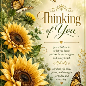 Może przedstawiać: Kartka okolicznościowa z dwoma dużymi żółtymi słonecznikami i trzema motylami monarchami. Tekst brzmi: Thinking of You. Just a little note to let you know you are in my thoughts and in my heart. Sending you love, peace, and strength for today and every day.
