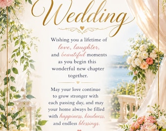 May include: A wedding greeting card with floral arrangements and the words "Congratulations on Your Wedding." The card features a romantic design with soft colors, decorative fonts, and a heartfelt message wishing the couple a lifetime of love.