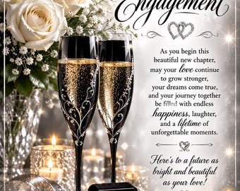 May include: An engagement greeting card featuring two black champagne flutes with gold liquid, a diamond ring in a black box, and white roses. The text reads: Congratulations ON YOUR RECENT Engagement. As you begin this beautiful new chapter...