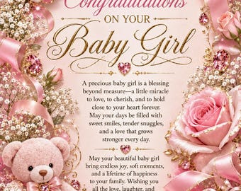 Congratulations Baby Girl Card | Pink Rose Floral Design (Digital Download)