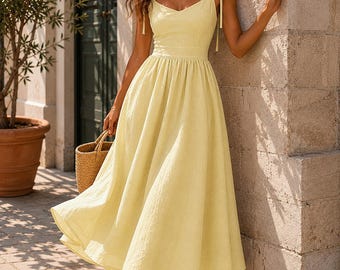 Midi Linen Look Dress, Cottagecore Summer Sundress, Tie Strap Flowy Yellow