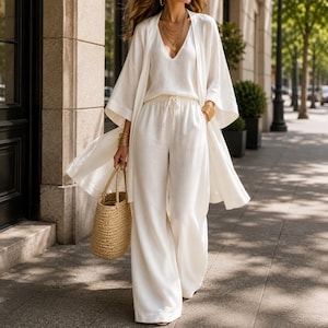Conjunto de linho feminino para relaxar, composto por calça pantalona e quimono, estilo boho resort.