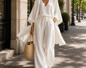 Linen Lounge Set Women, Three Piece Wide Leg Pants, Kimono Cardigan, Boho Resort Wear