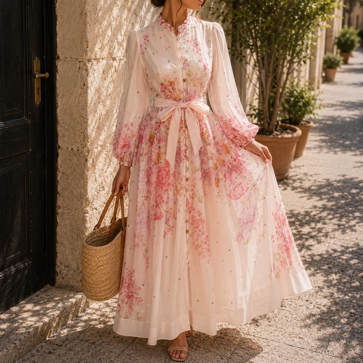 floor length white sdark pink floral dress Strapless White and Pink Tiered Long Dress with Slit PollyBoutique