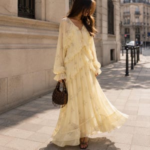 Yellow Floral Ruffle Maxi Dress, Romantic Boho Chiffon, Vintage Inspired Flowy Silhouette