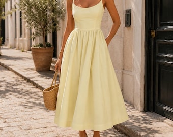 c&a linen dress Vintage 90s Linen Dress Yellow California Threads Lagenlook Coastal  Timeless Medium