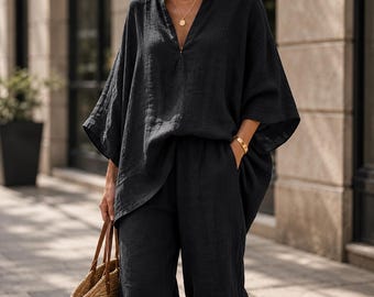 Linen Look Two Piece Set, Oversized Blouse, Wide Leg Pants, Boho Resort Wear