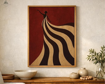 May include: A framed rectangular wall art print featuring a silhouette of a figure in a long, flowing gown with alternating tan and dark brown vertical stripes against a deep red background, enclosed in a simple light-toned wooden frame.