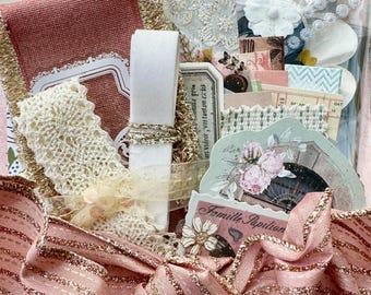Sage Peach Junk Journal Kit: Shabby Chic Ephemera Pack, Mixed Media Collage Supplies