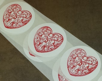 STICKERS /  Valentine / Red Heart Scroll Ornate / Round 2 inch Label Envelope Bag Seals / Set of 15