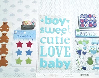 Baby Boy Scrapbook Kit: Blue Ephemera, Stickers, Paper, Ribbon, Washi Tape