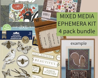 Mixed Media Ephemera Kit 4 Piece Set: Canvas Stickers, Chipboard, Word Paper Strips - Scrapbook Junk Journal Card Supplies Bundle