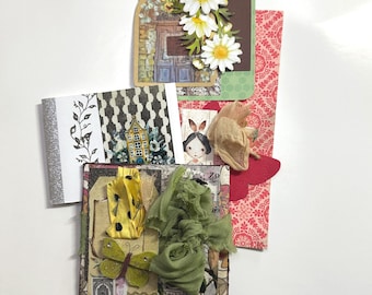Handmade Junk Journal Ephemera Set: Vintage Layered Tags, Mixed Media Embellishments