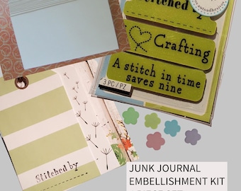 Junk Journal Embellishment Kit - 4 pieces - Small Envelopes,Flower Brads,Sewing Stamp,Tags,Scrapbook Papercraft Card making Bundle Supplies