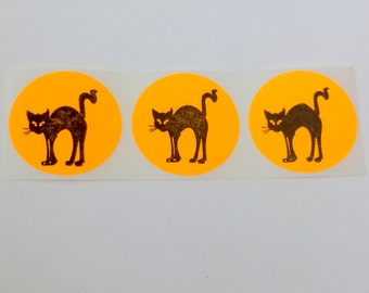 Halloween / Calendar / Bag / Envelope Sticker / Black Cat Sticker Hand stamped on Orange 2 inch label / Set of 15