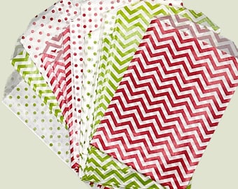 Glassine Treat Bags -  Party treats,  Craft kit, Junk Journal Ephemera, Red & Green Polka Dot Chevron Paper Favors (48-Piece Set)