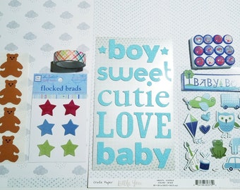 Baby Boy Scrapbook Kit / Baby Shower Card Supplies / Paper brads teddy bears / Kite Owl Truck Airplane Giraffe / craft supplies