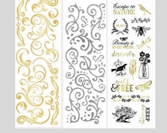 Glitter Swirl Sticker Set: Gold, Silver, Vintage Style Scrapbook Stickers