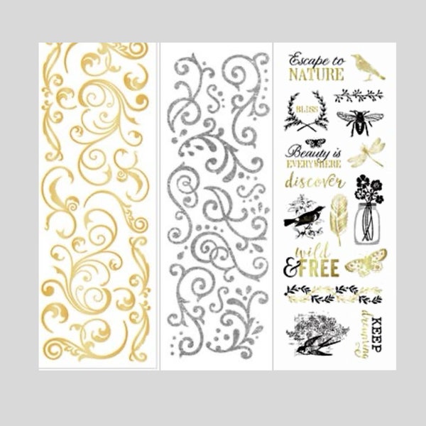 Sticker Set, silver glitter swirl stickers, gold scroll stickers, gold black vintage style stickers, junk journal card scrapbook supplies