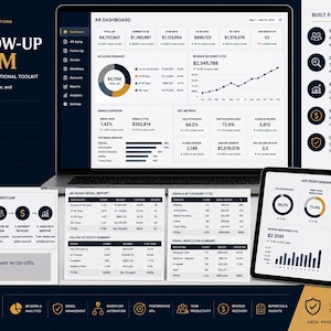 Peut inclure: Présentation numérique du système AR Follow-Up, une boîte à outils opérationnelle pour les comptes clients. L'image montre un ordinateur portable et une tablette affichant des visualisations de données, des graphiques et des tableaux. Le texte comprend "Améliorer les flux de trésorerie".