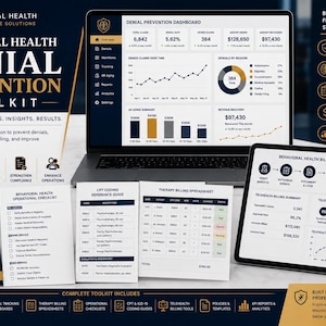 May include: A comprehensive toolkit for behavioral health denial prevention. The image shows a laptop, tablet, and printed materials displaying data, charts, and workflows. The toolkit includes systems, workflows, insights, and results to optimize billing and improve revenue.