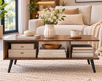 Mid Century Modern Coffee Table with Storage, Rectangle Living Room Center Table, 2 Tier Tea Table with Open Shelves, Minimalist Furniture