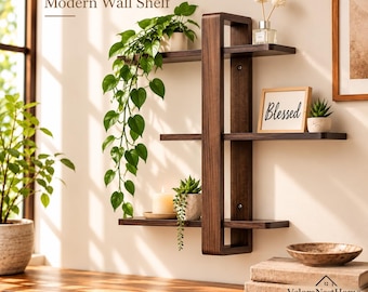 Floating Wall Shelves, 3 Tier Wooden Wall Shelf, Mid Century Modern Decor, Adjustable Display Shelves, Living Room Bedroom Wall Organizer