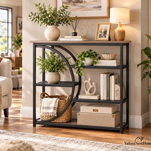 Narrow Console Table with 5 Tier Storage Shelves, Industrial Entryway Table for Hallway, Living Room and Foyer