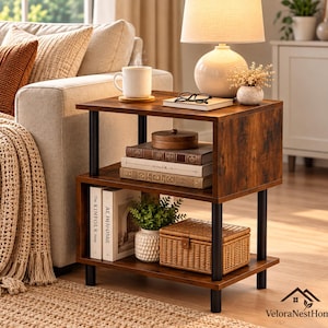 May include: A two-tier side table with a dark wood grain finish and black metal cylindrical legs. The table features an open shelf design, holding a white mug, a stack of books, a small potted plant, and a woven basket on its surfaces.