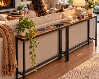 May include: A long, narrow console table with a dark wood-grain surface and a black metal frame. The table features an integrated power strip with electrical outlets and a wireless charging pad on the top surface, positioned behind a beige sofa.