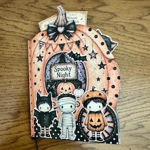 May include: A decorative Halloween-themed book cover featuring a large pumpkin illustration with a central window displaying the text Spooky Night. The design includes a bat, stars, and three characters dressed as a bat, a mummy, and a pumpkin.